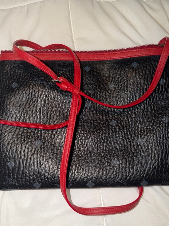 MCM Handbags - MCM Black Leather Crossbody with Red Trim and Strap